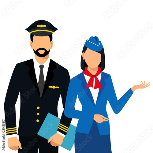 Illustration of stewardess dressed in blue uniform. Flight attendants and a pilot isolated on a white background. vector illustration