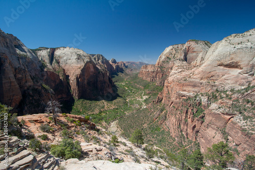 Zion Canyon from Angels Landing in Zion National Park, Utah on a clear and cloudless summer morning.
