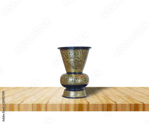 Colorful of vases on wooden isolated on white background