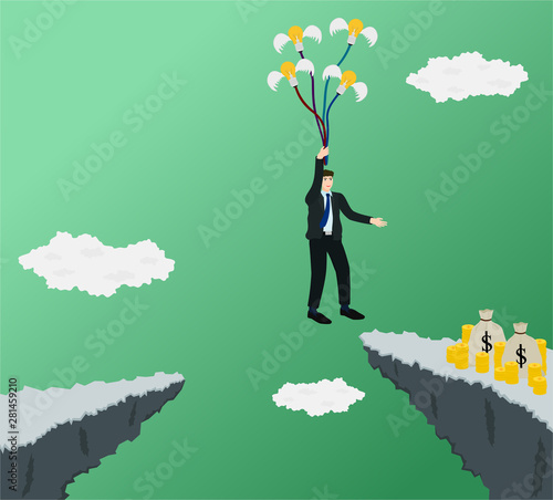 Businessman across gap of cliff for go to profit money with flying idea , success concept