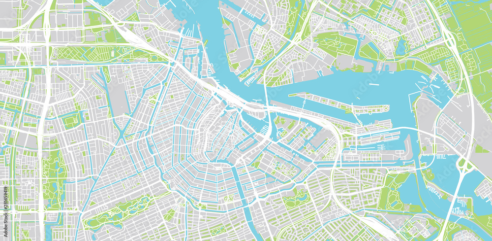 Fototapeta Miejska wektorowa mapa miasta Amsterdam, Holandia