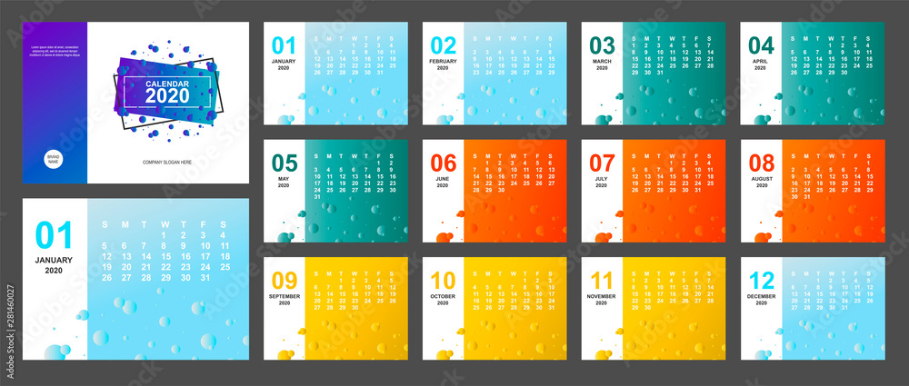 2020 new year calendar page color blue, green, orange, yellow gradient colorful and A5 size diary desktop. Week Start Sunday. Business day and month planner template. Vector mock up illustration 2020 new year calendar page color blue, green, orange, yellow gradient colorful and A5 size diary desktop. Week Start Sunday. Business day and month planner template. Vector mock up illustration