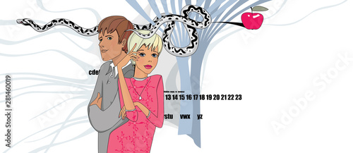 Blonde girl, her beloved man and the serpent tempter with the apple of knowledgeand her neural network. Humorous illustration. Illustrative background