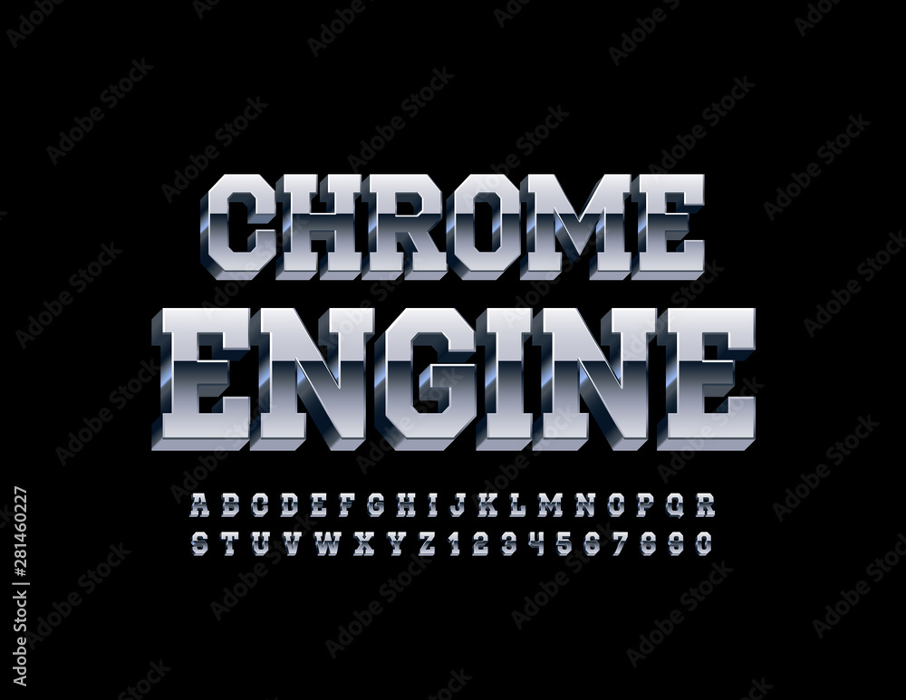 Fototapeta premium Vector metallic sign Chrome Engine with 3D Font. Uppercase Reflective Alphabet. Silver Letters and Numbers set