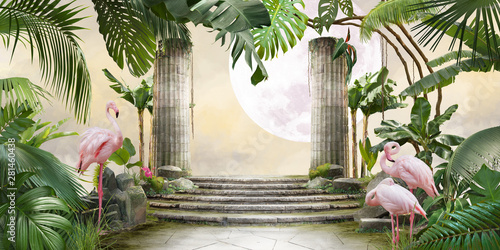 Фототапет moon and flamingo background design with tropical palm and banana leaves, can be