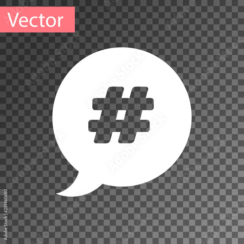 White Hashtag speech bubble icon isolated on transparent background. Concept of number sign, social media marketing, micro blogging. Vector Illustration