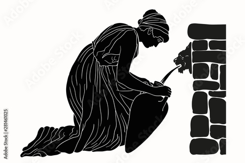 An ancient Greek woman sits near a stone parapet and fills water in a jug. Vector image isolated on white background.