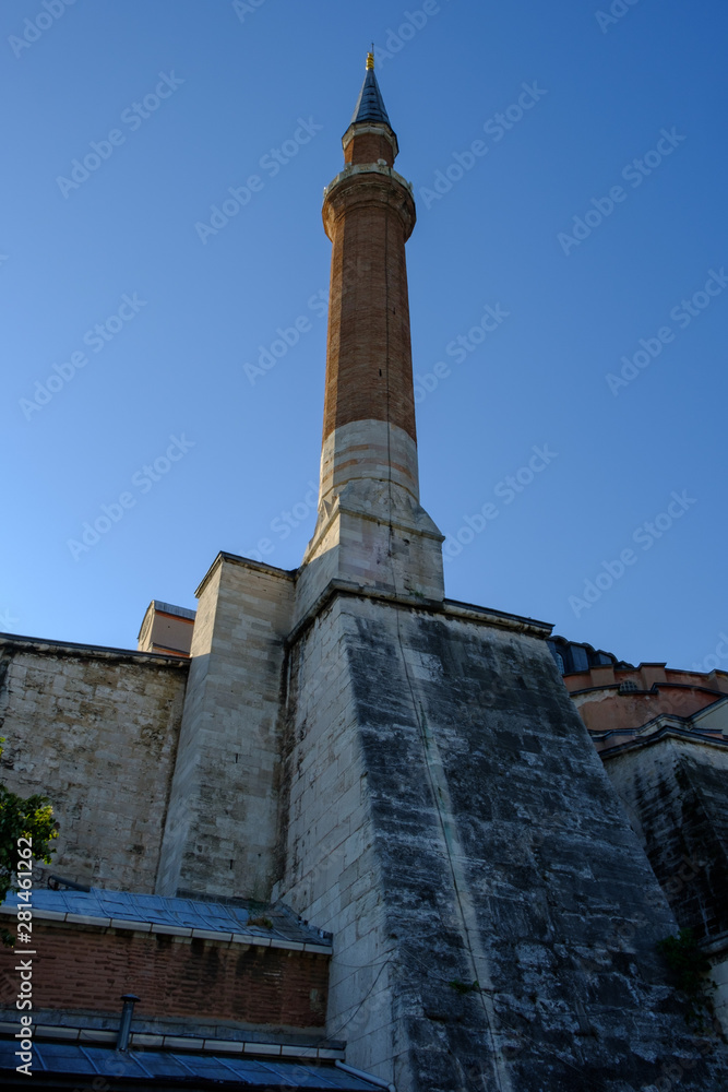 Istanbul, Turkey. Sultanahmet Square, close-up view of the minaret Hagia Sophia