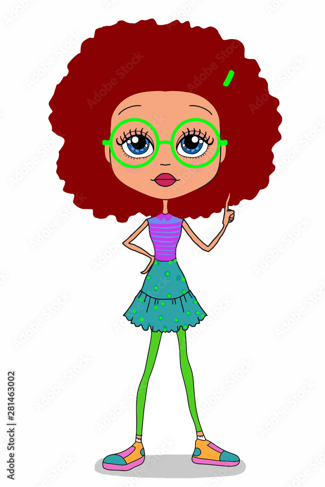 cool cute girl and curly hair and glasses characters cartoon illustration  drawing Stock Illustration | Adobe Stock