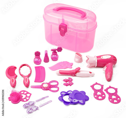 Set of children's toy for girls game hairdressing kit for girls isolated on white background.