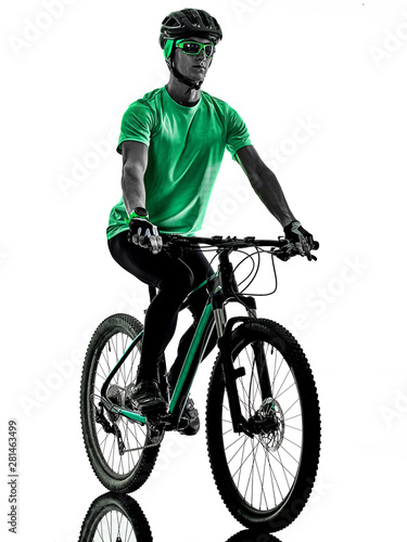 one caucasian man practicing man mountain bike bking isolated on white background with shadows