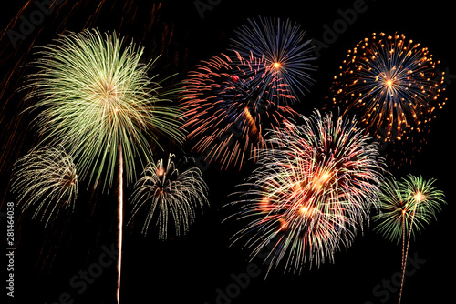 Fireworks of various colors and shapes