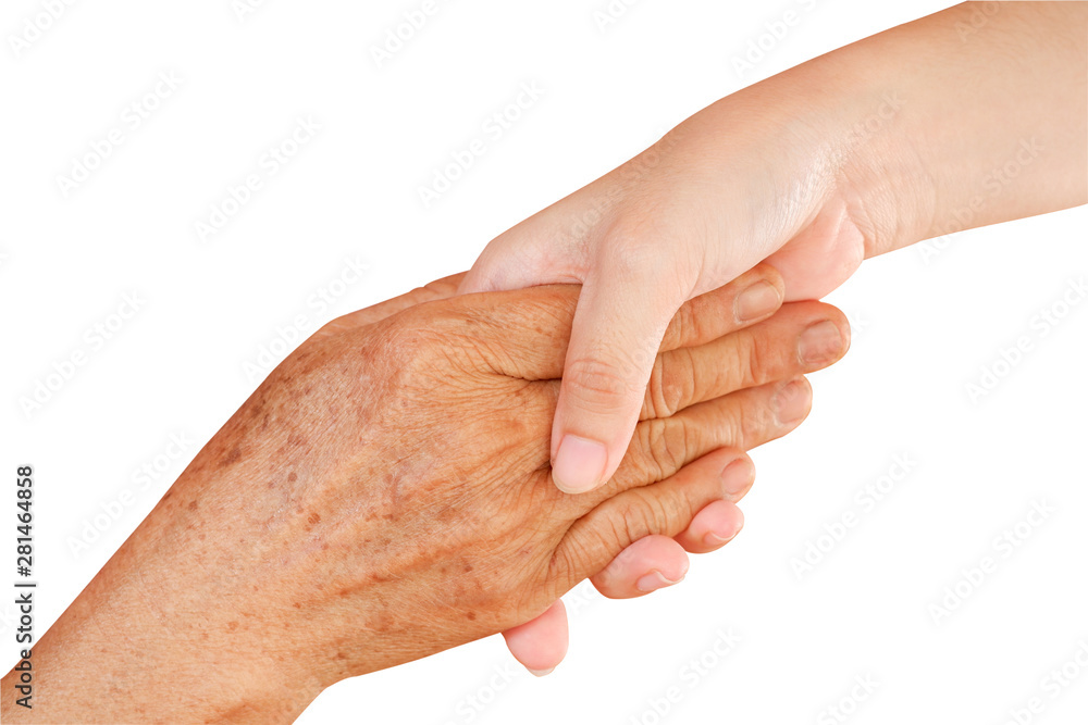 Hands of young adult and senior women over isolated on white background.Clipping path. Hands of young adult and senior women over isolated on white background.Clipping path.