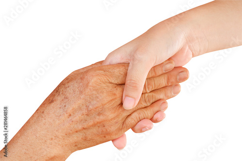 Hands of young adult and senior women over isolated on white background.Clipping path.