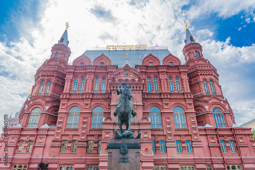 Moscow - MAY 30, 2019:  Pamyatnik Marshalu G.k. Zhukovu statue stands in front of State Historical Museum