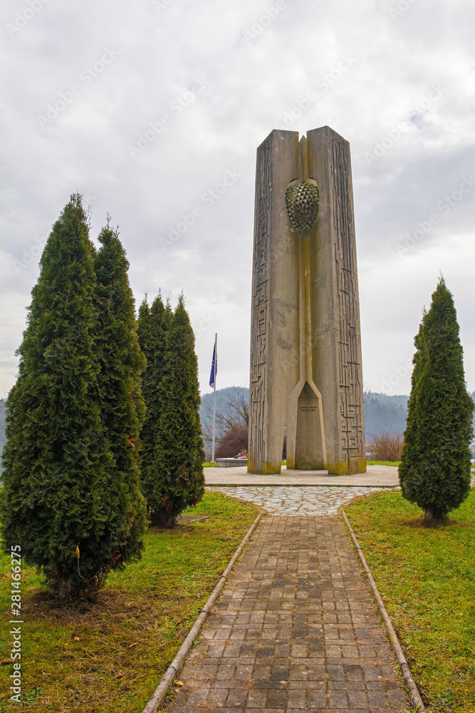 A Yugoslavia era communist second world war memorial in Mirna known as the Monument to the Fallen on Roja Hill. It is dedicated 106 resistance fighters
