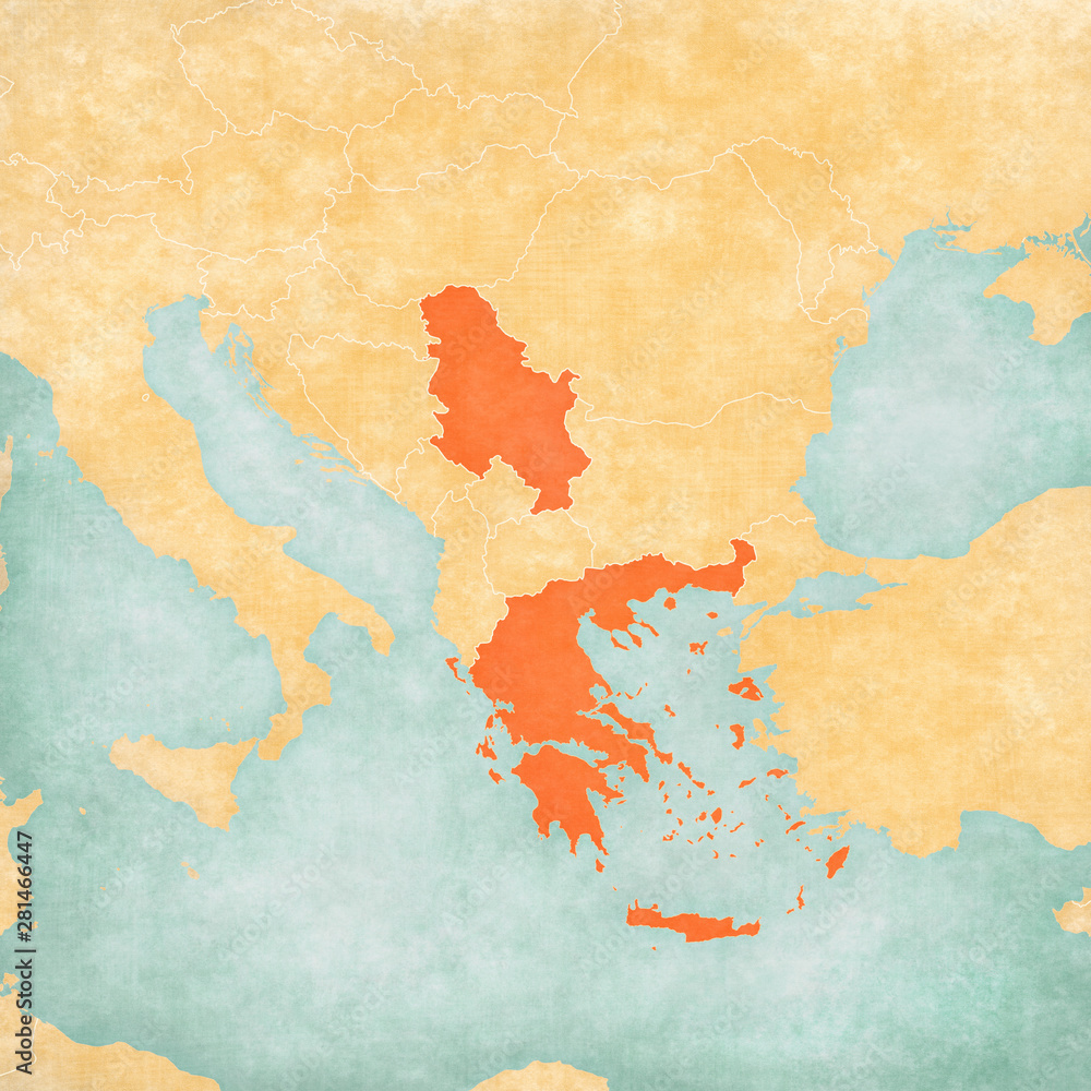 Map of Balkans - Greece and Serbia