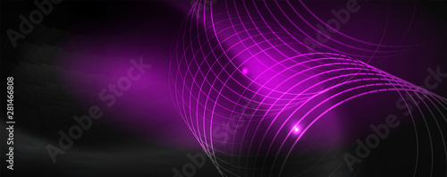 Shiny neon techno template. Neon lines background, 80s style laser rays