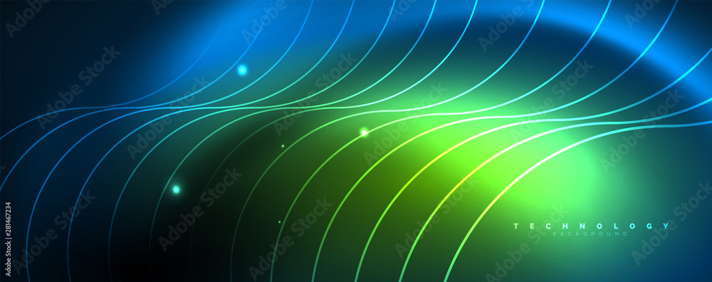 Trendy neon blue abstract design with waves and circles. Neon light glowing effect. Abstract digital background. Trendy neon blue abstract design with waves and circles. Neon light glowing effect. Abstract digital background.