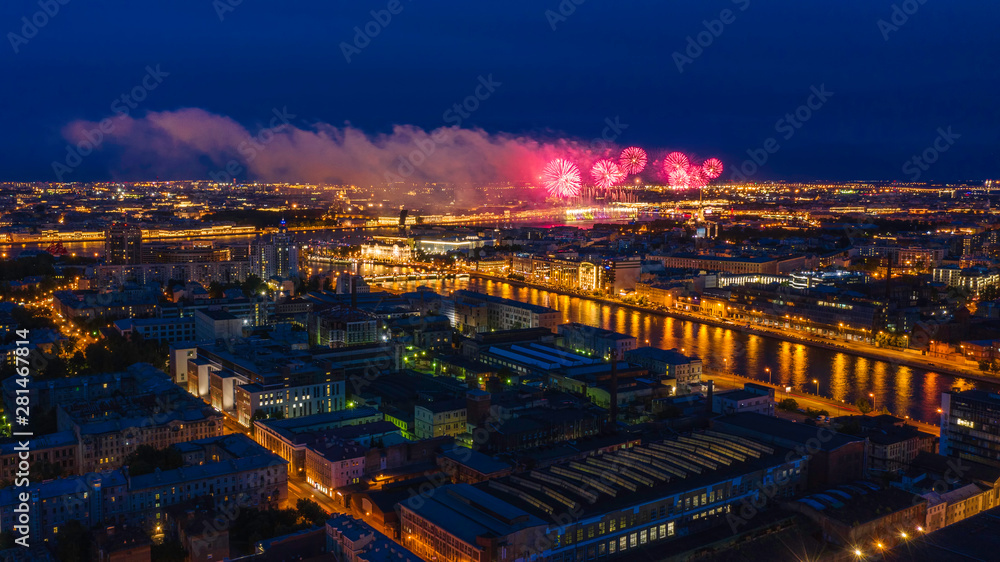 Aerial Panorama of Saint Petersburg. View of St. Petersburg from the heights-Salute above the Peter and Paul Fortress. Scarlet Sails. Holiday in Russia. Fireworks in St. Petersburg. Neva River.