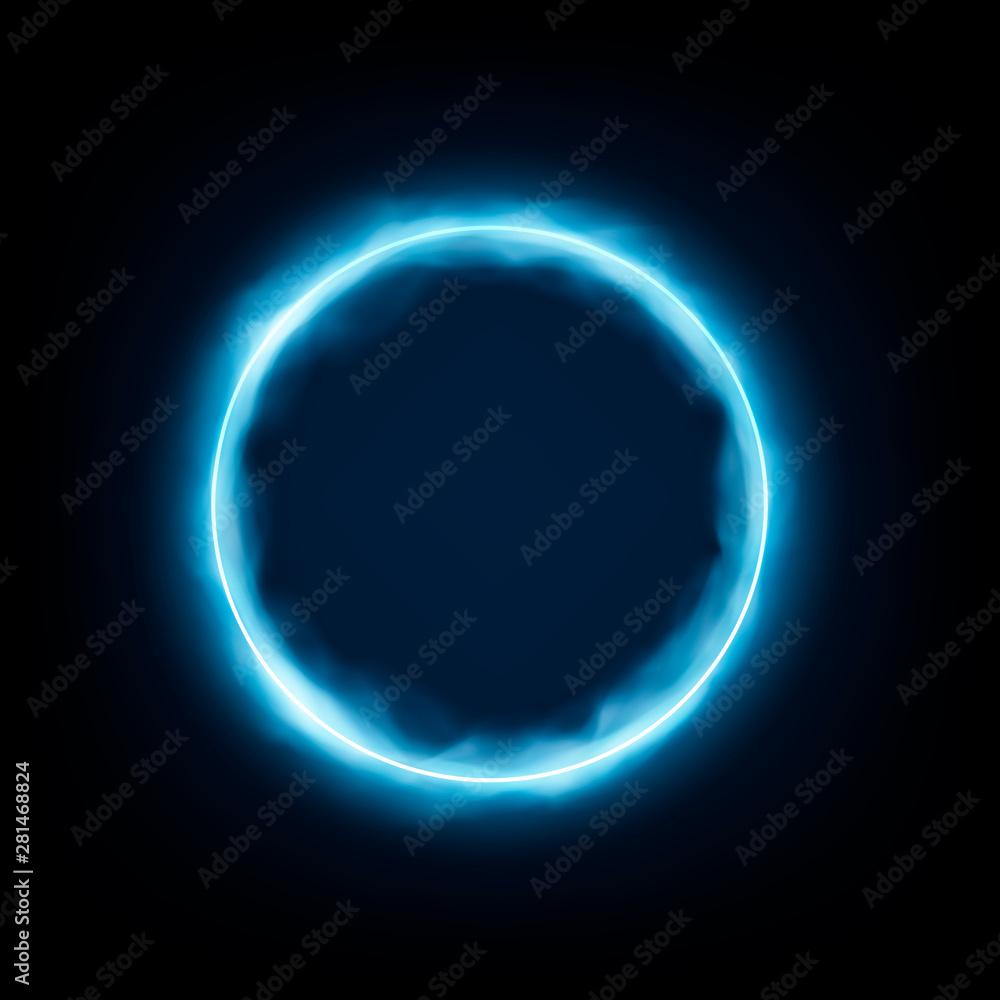 Round frame with glowing and light. Neon round frame with smoke Banner design on dark blue backdrop. Vector illustration. Round frame with glowing and light. Neon round frame with smoke Banner design on dark blue backdrop. Vector illustration.