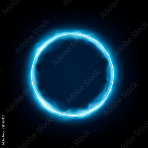 Round frame with glowing and light. Neon round frame with smoke Banner design on dark blue backdrop. Vector illustration.