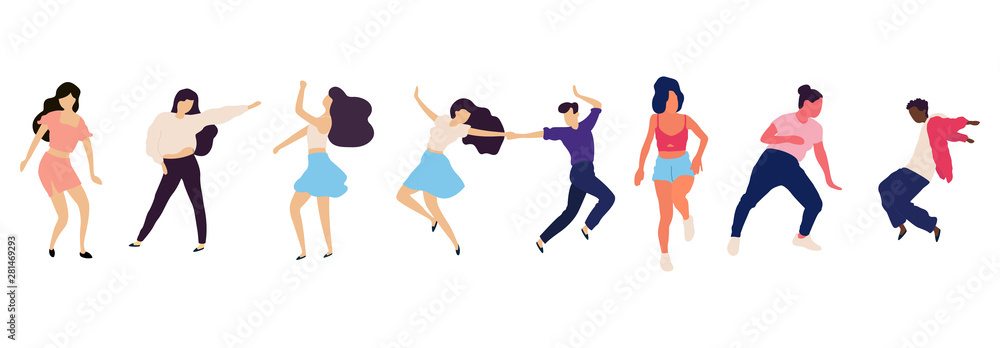Fototapeta premium Crowd of young people dancing at club. Big set of characters having fun at party. Flat colorful vector illustration.