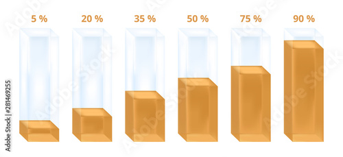 Gold vector business or statistical infographic illustration of histogram or graph. Glass columns with gold liquid characterizing percentage increase. Icon is isolated on a white background.