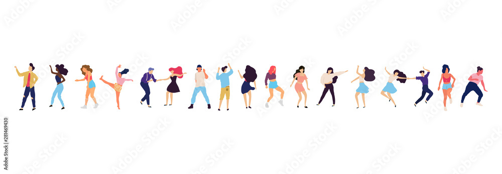 Crowd of young people dancing at club. Big set of characters having fun at party. Flat colorful vector illustration. Crowd of young people dancing at club. Big set of characters having fun at party. Flat colorful vector illustration.