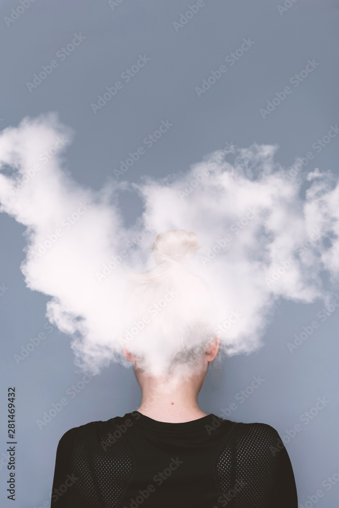 Young girl simple hairstyle back view with cloud on her head. Fashionable and simple hairdresser work. Fashion model, trendy woman. Hair in top bun close-up photo. Mental health metaphor concept Young girl simple hairstyle back view with cloud on her head. Fashionable and simple hairdresser work. Fashion model, trendy woman. Hair in top bun close-up photo. Mental health metaphor concept