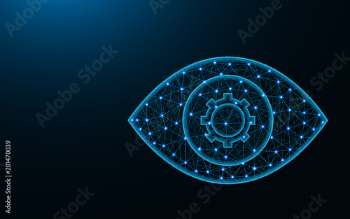 Gear in the eye poly design, view settings abstract geometric image, SEO wireframe mesh polygonal vector illustration made from points and lines on dark blue background