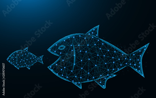 Big fish eat small low poly design, predator and prey abstract geometric image, underwater world wireframe mesh polygonal vector illustration made from points and lines on dark blue background