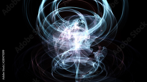 Abstract energy vortex. Luminous nuclear model on dark background. Glowing energy vortex. Nuclear reaction element. Close up swirling pink and blue smoke on black background. 3d rendering.