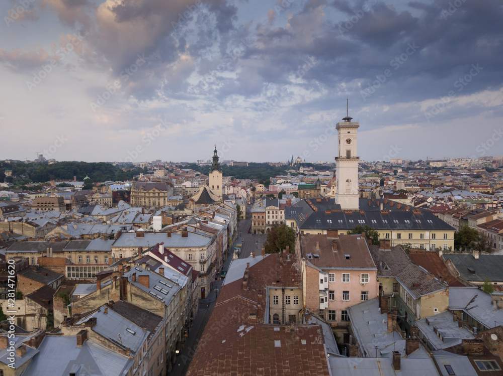 Aerial City Lviv, Ukraine. European City. Popular areas of the city. Town Hall
