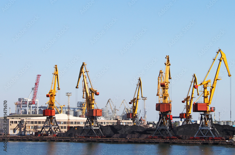 Trading seaport with cranes in Odessa, Ukraine