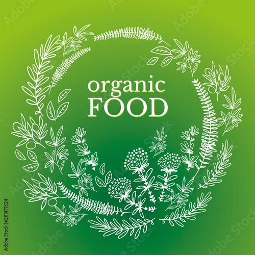 ector logo design template in trendy linear style - eat healthy - vegetarian or food badge or emblem for food wrapping