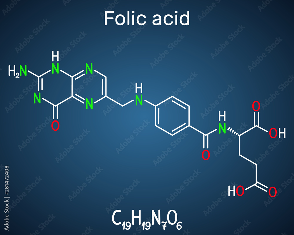 Folic acid, folate molecule. It is known as vitamin B9. Structural chemical formula on the dark blue background Folic acid, folate molecule. It is known as vitamin B9. Structural chemical formula on the dark blue background