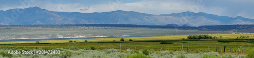 Fényképezés Panoramic view of Green wild land with sagebrush plant and mountain in the background during clouded summer day next the Lake Crowley, Eastern Sierra, Mono County, California, USA