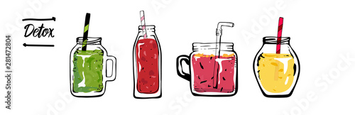 Set of smoothies in different cups. Superfoods and health or detox diet food concept in sketch style.Isolated vector icons.