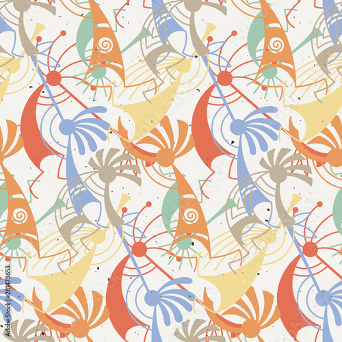 Hand drawn Kokopelli seamless pattern. Stylized mythical characters playing flutes.