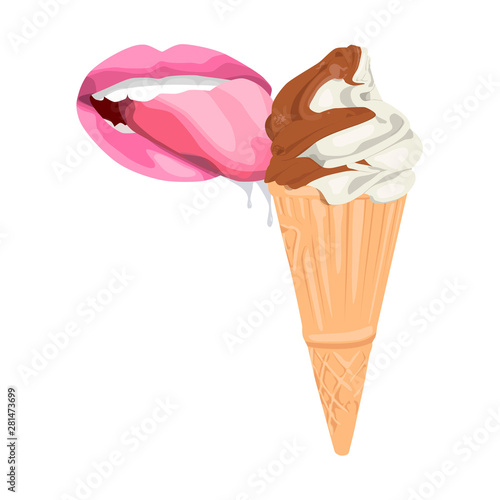 sexy lips. open mouth with tongue.Attractive female mouth with saliva licks ice cream. print for T-shirt or tattoo. isolated on white background