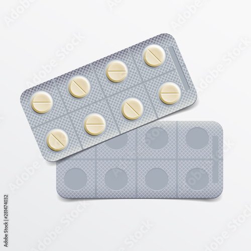 Pack of pills in blister. Two packages front and back view