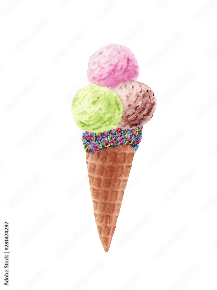 Hand drawn watercolor Ice cream in waffle cone. Hand drawn watercolor Ice cream in waffle cone.