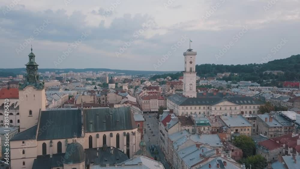 Aerial City Lviv, Ukraine. European City. Popular areas of the city. Town Hall Aerial City Lviv, Ukraine. European City. Popular areas of the city. Town Hall