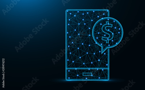Smartphone and dollar sign low poly design, mobile banking abstract geometric image, e-commerce wireframe mesh polygonal vector illustration made from points and lines on dark blue background