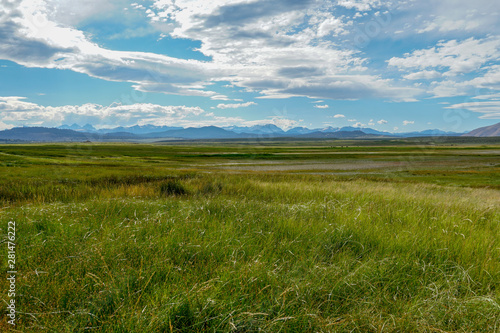 Long valley next to Lake Crowley  Mono County  California. USA. Green wetland with mountain on the background during clouded summer.