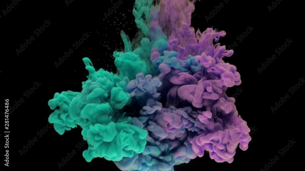 Colorful turquoise and violet ink rise up in the water, swirling softly underwater on black background. Acrylic cloud of paint isolated. Abstract smoke explosion animation. Timelapse. Slow motion. Colorful turquoise and violet ink rise up in the water, swirling softly underwater on black background. Acrylic cloud of paint isolated. Abstract smoke explosion animation. Timelapse. Slow motion.