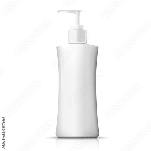 Vector 3d realistic white plastic bottle with pump cap. Mock-up for product package branding.