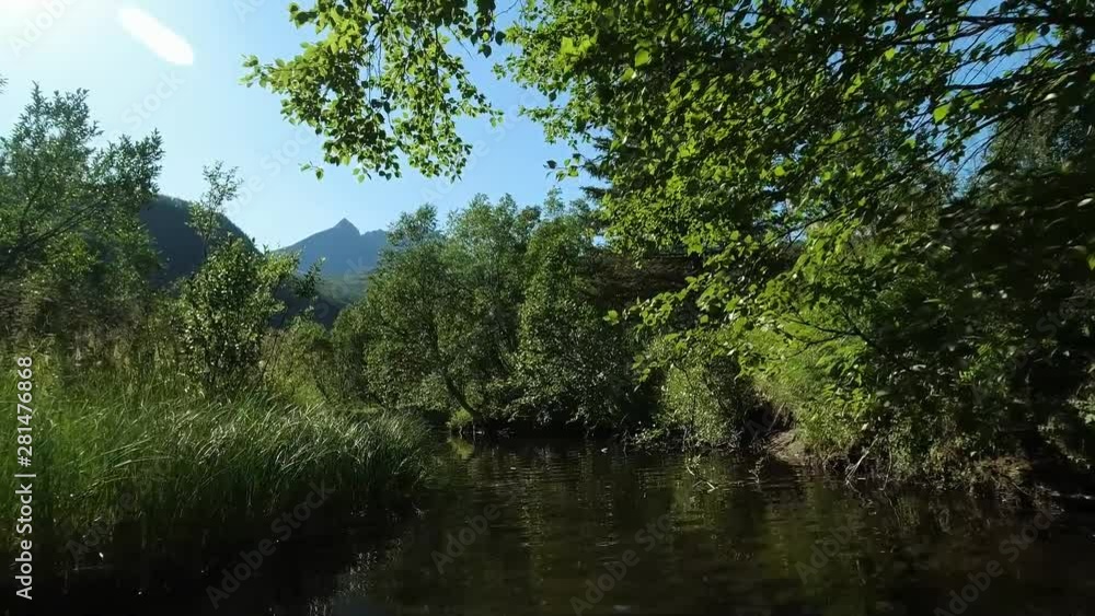 POV point of view shot from the water surface on a calm river in the mountains, as slowly flowing down under trees canopy POV point of view shot from the water surface on a calm river in the mountains, as slowly flowing down under trees canopy