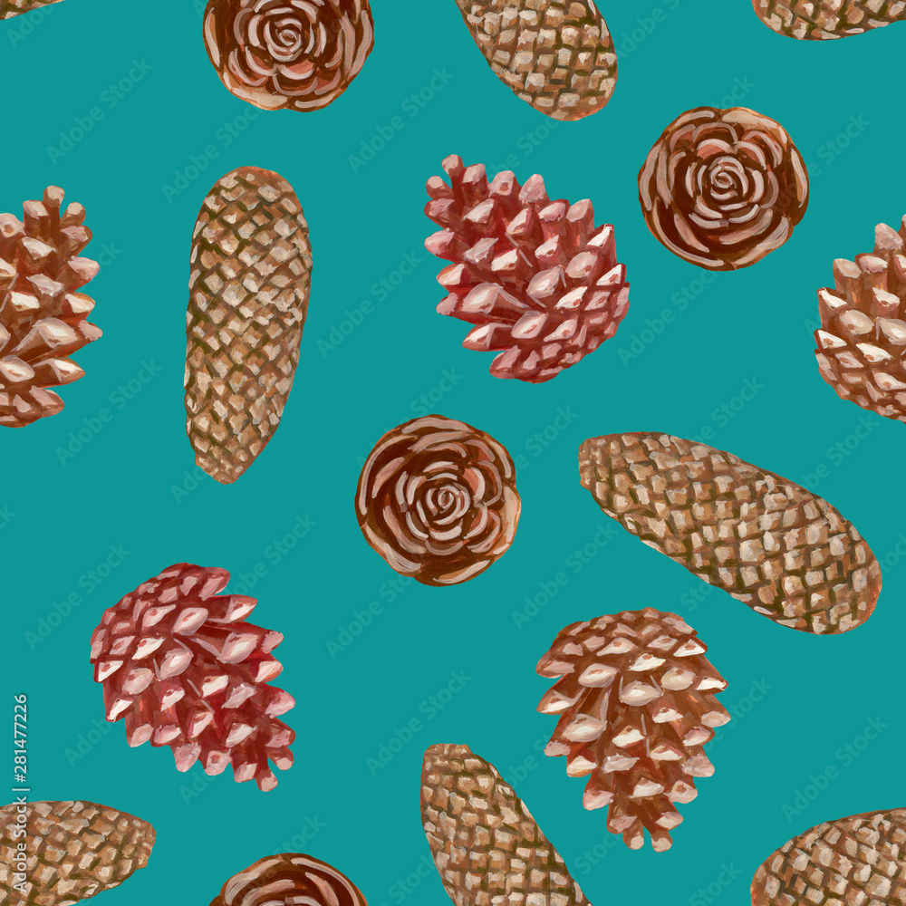 Seamless pattern. Acrylic drawing of cones on a blue background. Realistic drawing. Botanical sketches. Vintage style. Element for design of cards, wrapping paper, scrapbooking, etc. Seamless pattern. Acrylic drawing of cones on a blue background. Realistic drawing. Botanical sketches. Vintage style. Element for design of cards, wrapping paper, scrapbooking, etc.